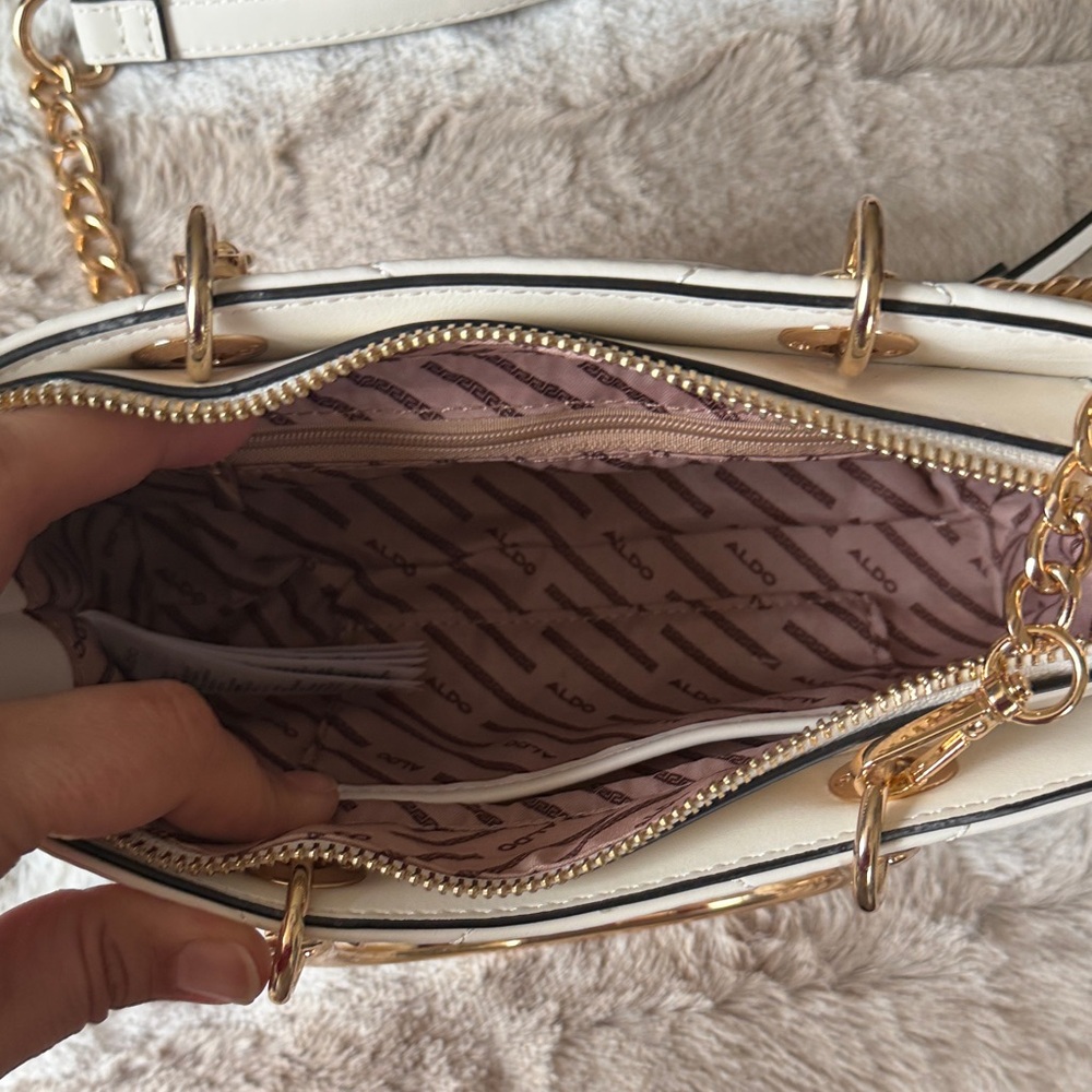 White Quilted Handbag with Gold Accents - Picture 2 of 4